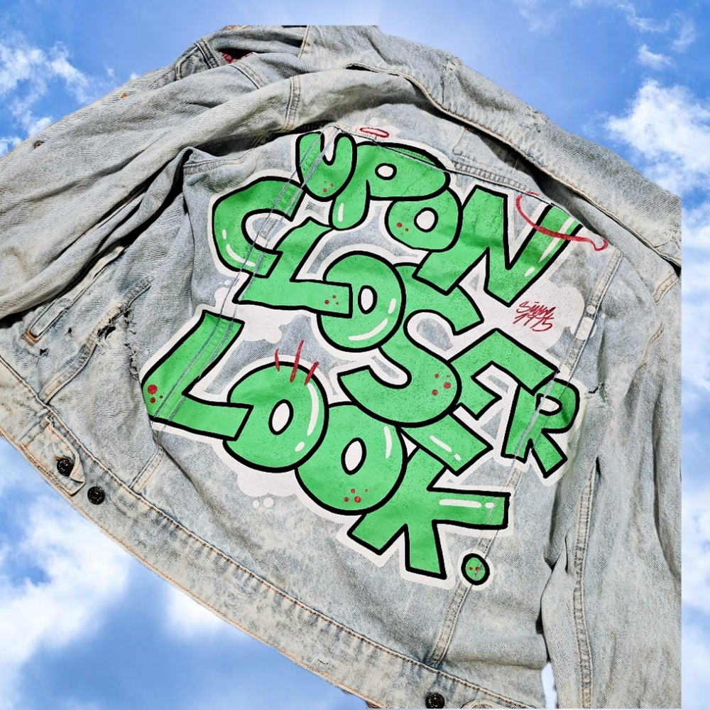 RARE ZARA Denim 'Upon Closer Look' Jacket with Green Graffiti Design
